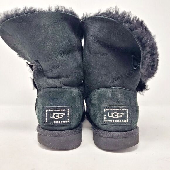 UGG Bailey Button Bling Boots Womens 7 Black Suede Sheepskin Lined Shoes WORN - Picture 8 of 13
